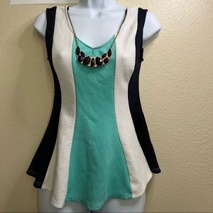 Cute- Color Block Peplum Top with detachable necklace-M